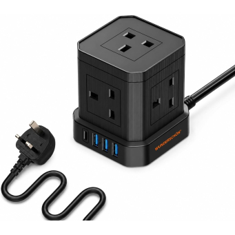 WUNEDRSCH&Ouml;N | Cube Power Strip 5 UK Outlets and Plug Power Extension 200 CM Cable Length Charging Ports 3 USB Type A - 1 USB Type C Fire Resistant Surge Protection (1 Layer, Black)