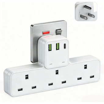 6-in-1 Power Strip Surge Protector Extension Plug Multiple 3 AC Outlet Sockets, Type C/USB Fast Charger 3 Ports,Triple UK Plug Extender USB Charging Station for Home Accessories (White)