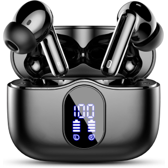 Wireless Earbuds, Bluetooth 5.4 Headphones with Noise Cancelling Mic, LED Display, IP7 Waterproof, Clear Calls, for Phones/Sports/Laptop, Black