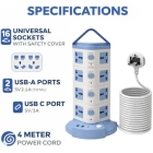 Tower Extension Lead 19 Way Outlets with USB & Type-C, 4M Cable, Multi Plug Vertical Power Strip with Individual Switches, Fast Charging