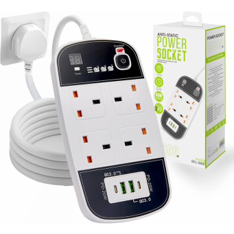 Power Extension Cord with Adjustable Timer &ndash; 4 Outlet Plug Extension Board, 2 USB & 2 C-Type Port - Heavy Duty Extension Power Strip with 3M Cable for Home, Kitchen & Office (White)