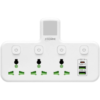 6-in-1 Power Strip with Night Light, 3 AC Outlets, Type-C Fast Charger, 3 USB Ports, Triple UK Plug Extender, Surge Protector Extension for Home, Office, Kitchen Accessories