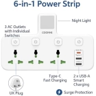 6-in-1 Power Strip with Night Light, 3 AC Outlets, Type-C Fast Charger, 3 USB Ports, Triple UK Plug Extender, Surge Protector Extension for Home, Office, Kitchen Accessories