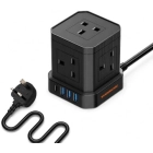 WUNEDRSCH&Ouml;N | Cube Power Strip 5 UK Outlets and Plug Power Extension 200 CM Cable Length Charging Ports 3 USB Type A - 1 USB Type C Fire Resistant Surge Protection (1 Layer, Black)