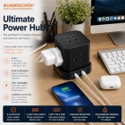 WUNEDRSCH&Ouml;N | Cube Power Strip 5 UK Outlets and Plug Power Extension 200 CM Cable Length Charging Ports 3 USB Type A - 1 USB Type C Fire Resistant Surge Protection (1 Layer, Black)