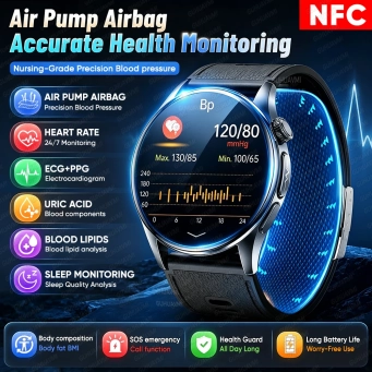 New Accurate Blood Pressure Measure Air Pump Airbag Smart Watch Nano ECG Blood lipids Uric acid Health Monitoring Smartwatch NFC